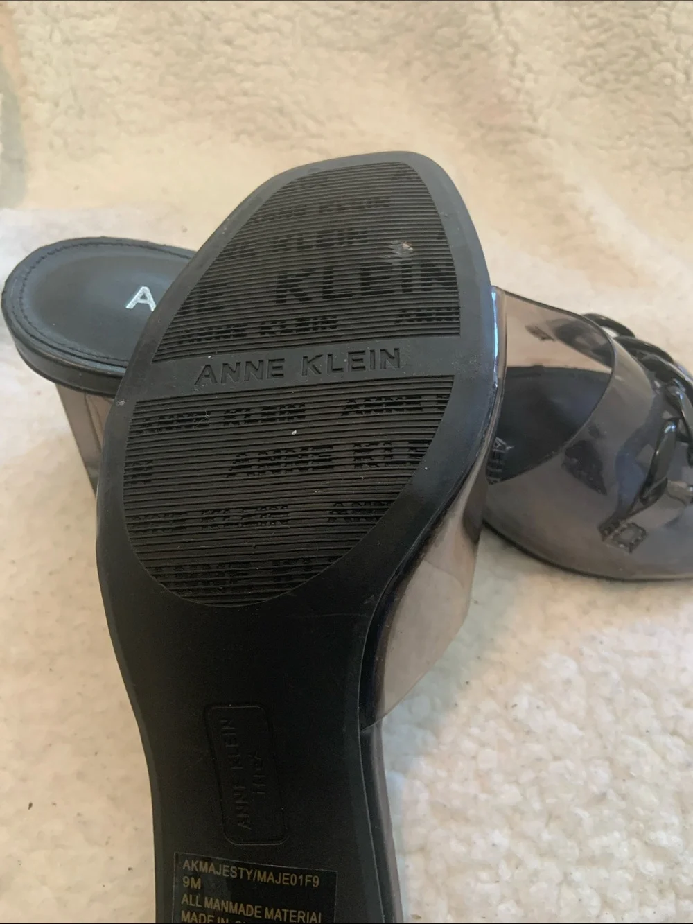 Anne Klein Black Slide Sandals with Clear Strap and Chain Accent